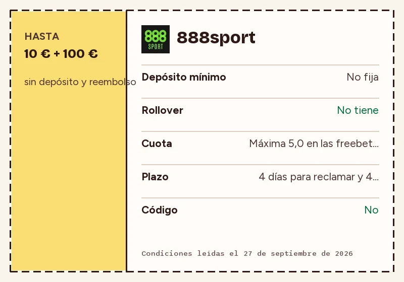 Bono de bienvenida de 888sport: importe, depósito mínimo, rollover, cuota y plazo