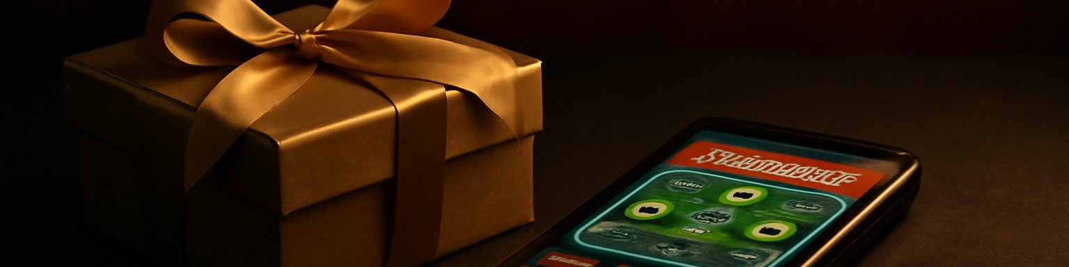 Un regalo con lazo junto a una app de apuestas sobre una mesa oscura, imagen de esta guía sobre los bonos de bienvenida